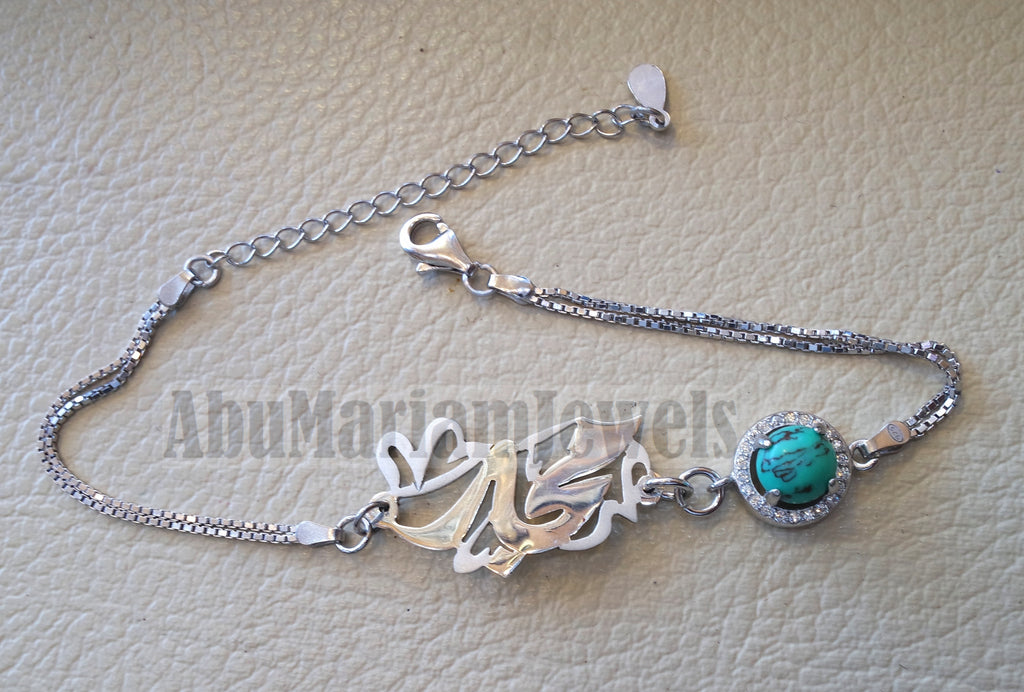 arabic calligraphy customized name sterling silver 925 round turquoize and cz bracelet , fit all sizes one name  اسوارة اسماء عربي