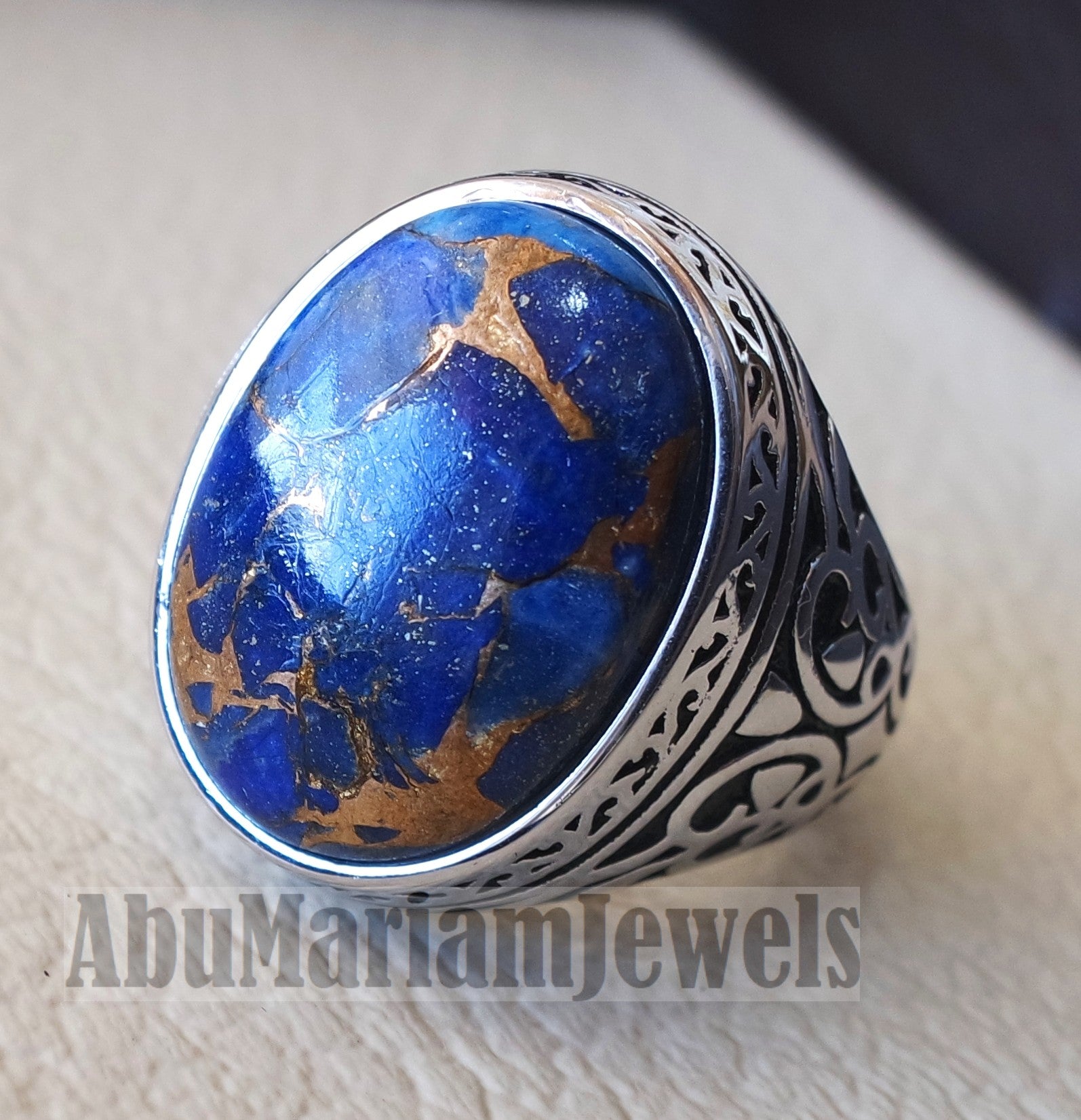 man ring copper Lapis lazuli natural stone sterling silver 925 oval cabochon semi precious gem ottoman arabic style all sizes jewelry