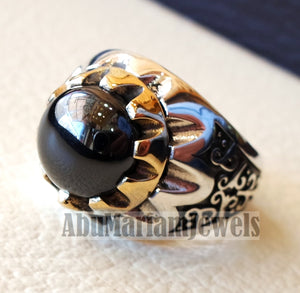 natural round onyx agate black stone sterling silver 925 men ring arabic turkish ottoman antique style all sizes jewelry with bronze frame