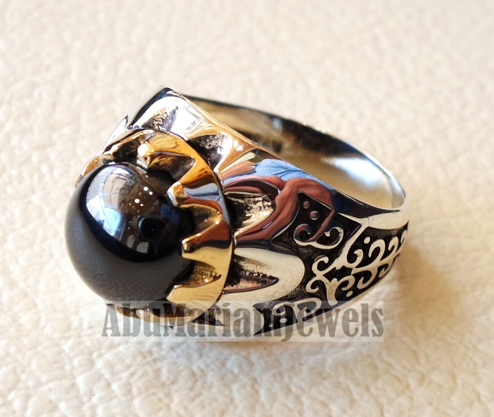 natural round onyx agate black stone sterling silver 925 men ring arabic turkish ottoman antique style all sizes jewelry with bronze frame
