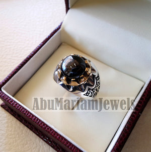 natural round onyx agate black stone sterling silver 925 men ring arabic turkish ottoman antique style all sizes jewelry with bronze frame