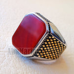rectangular octagon agate red aqeeq carnelian man ring sterling silver 925 Yellow 14 k plated sides natural stone gem all sizes jewelry