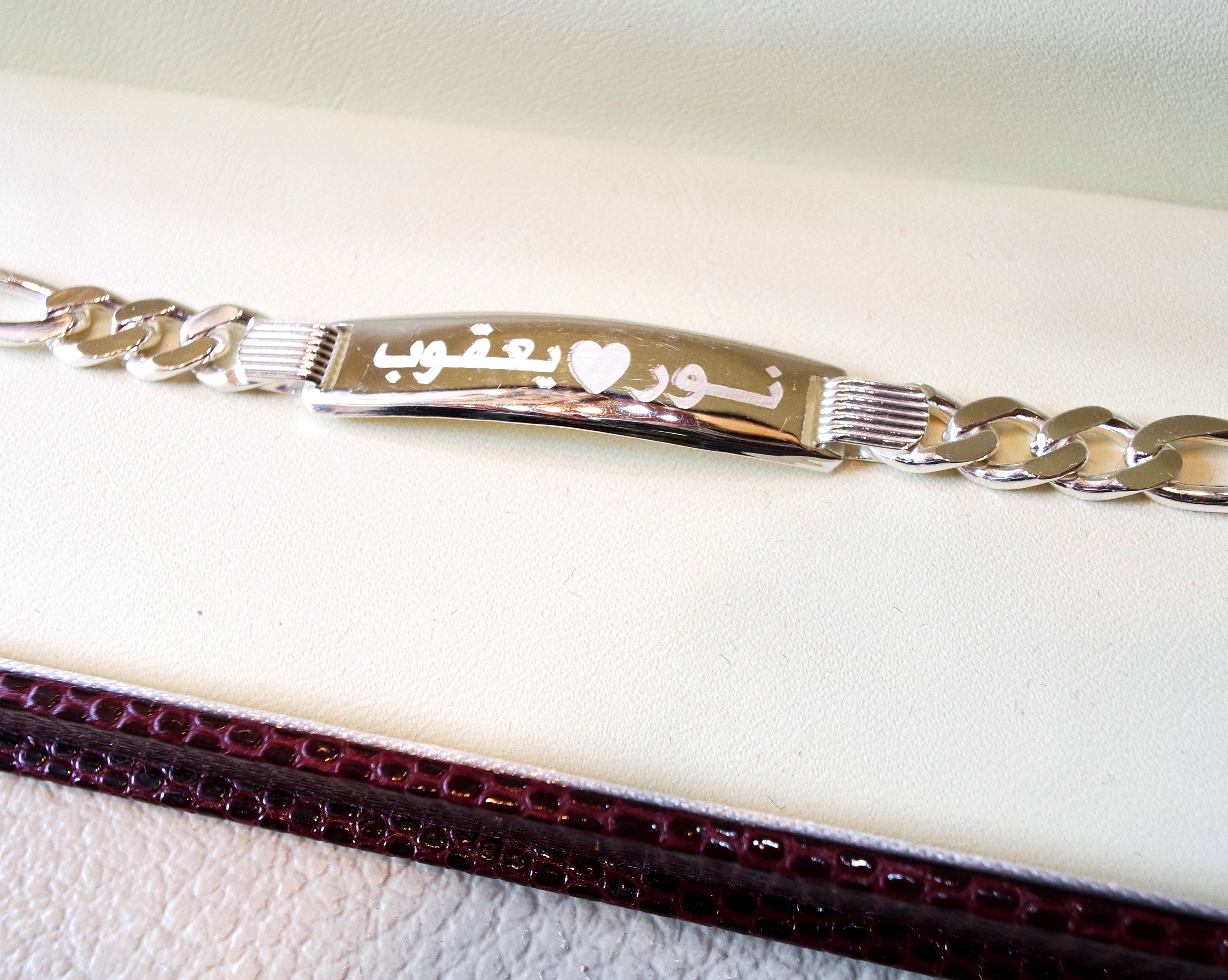 Men silver bracelet laser engraving personalized name Arabic / English sterling silver 925 man gift with nice box , chain and plate style
