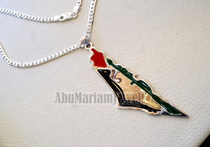 Huge heavy Palestine map flag pendant with thick chain 2 sterling silver 925 enamel colorful jewelry arabic fast shipping خارطه و علم فلسطين