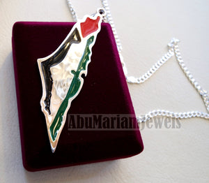 Huge heavy Palestine map flag pendant with thick chain 2 sterling silver 925 enamel colorful jewelry arabic fast shipping خارطه و علم فلسطين