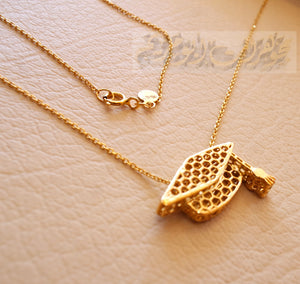Honeycomb graduate hat cap graduation gift 3d 18K yellow gold necklace pendant and chain fine jewelry full insured shipping
