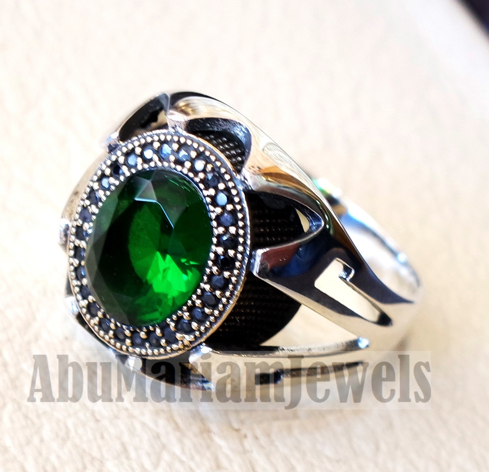 Green corundum identical to genuine emerald stone black cubic zircon on bronze frame stunning sterling silver 925 men ring all sizes