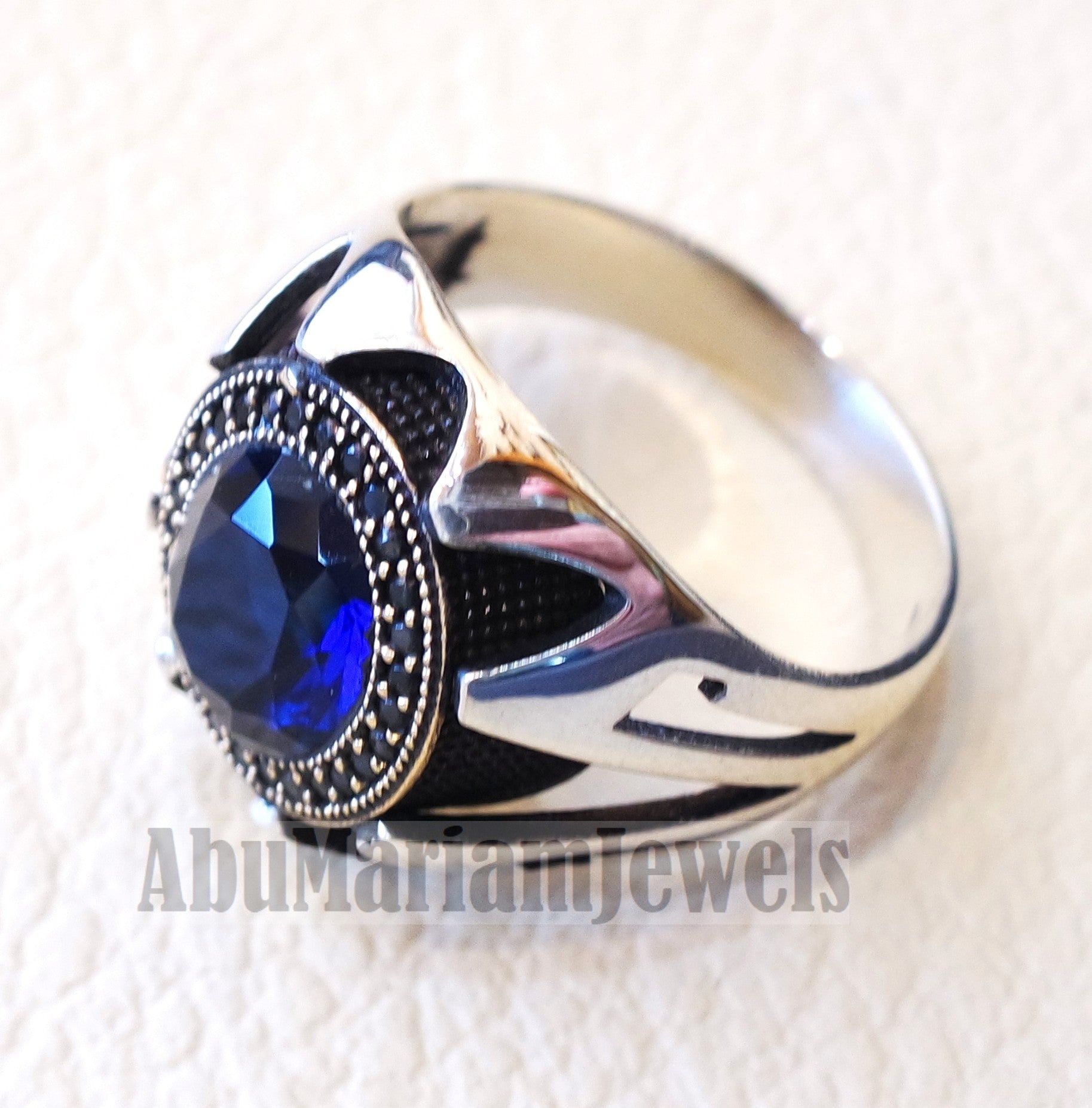 Blue corundum identical to genuine sapphire stone black cubic zircon on bronze frame stunning sterling silver 925 men ring all sizes