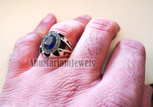 Blue corundum identical to genuine sapphire stone black cubic zircon on bronze frame stunning sterling silver 925 men ring all sizes