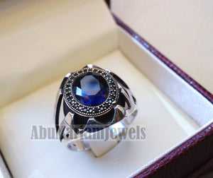 Blue corundum identical to genuine sapphire stone black cubic zircon on bronze frame stunning sterling silver 925 men ring all sizes