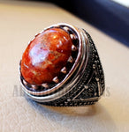 Sponge coral Murjan heavy men ring orange to red natural stone sterling silver and bronze 925 ottoman style all sizes fast shipping مرجان