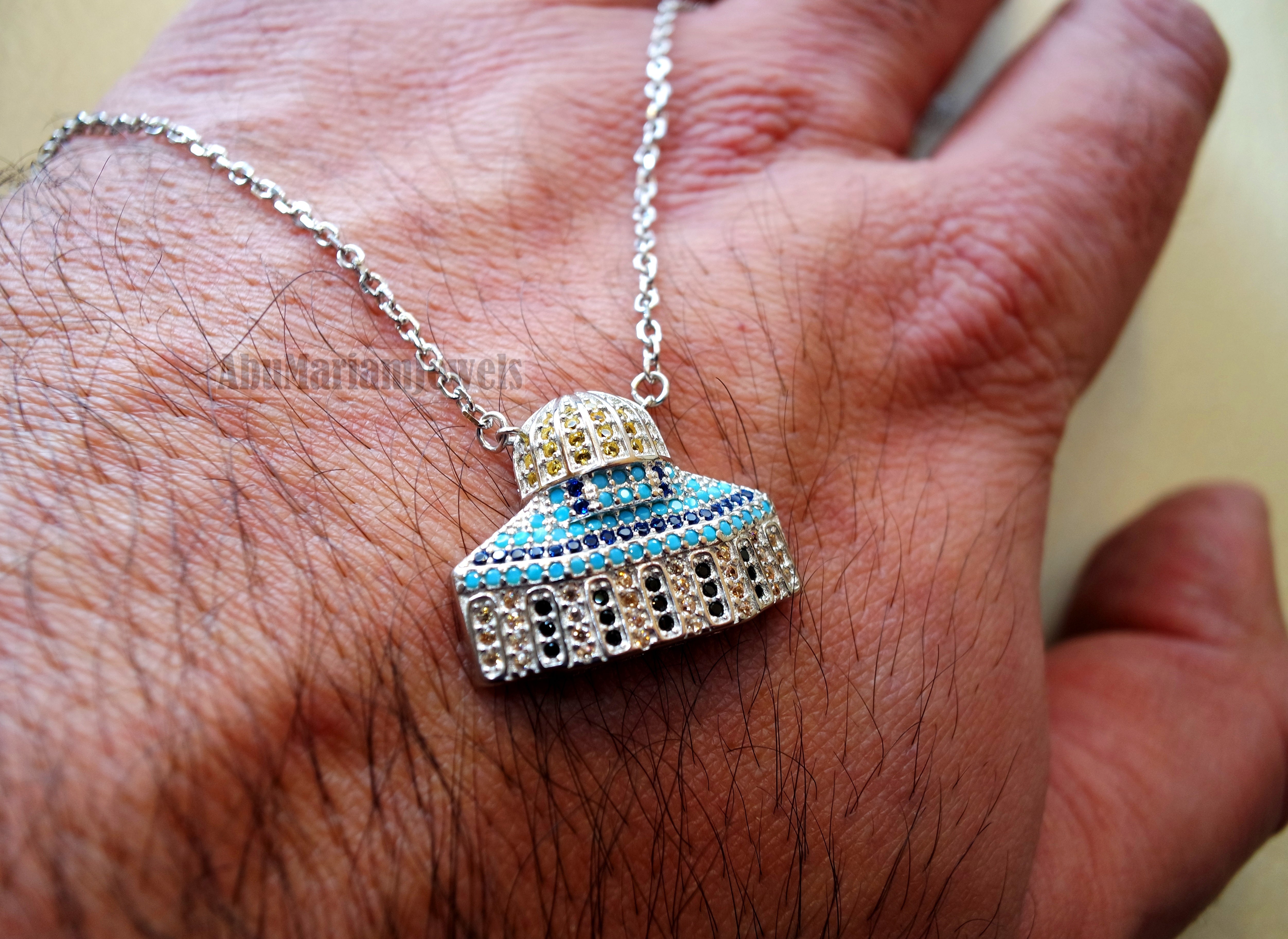 Al Aqsa mosque necklace muslim gift sterling silver 925 with cubic Zirconia colorful micro setting المسجد الأقصى