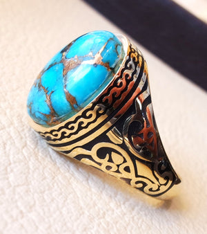 18k yellow gold men ring blue turquoise cabochon high quality natural stone all sizes Ottoman signet style fine jewelry fast shipping