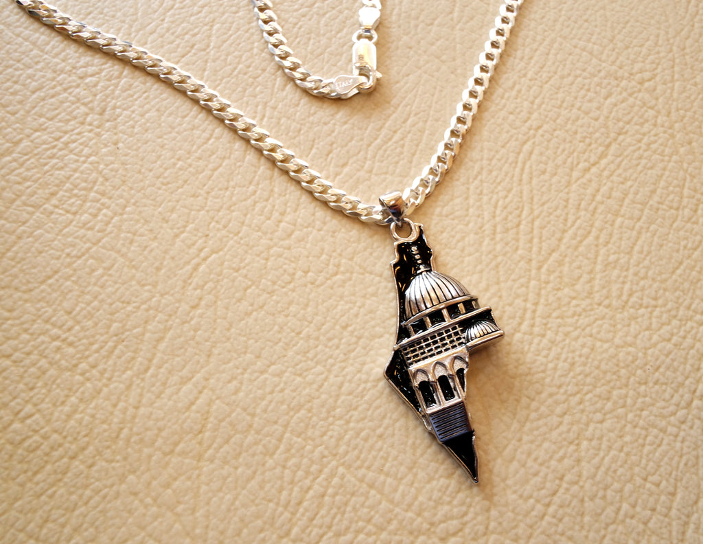 Big Palestine map with Aqsa mosque pendant with thick chain 2 sterling silver 925 white and black jewelry arabic fast shipping خارطه و علم فلسطين