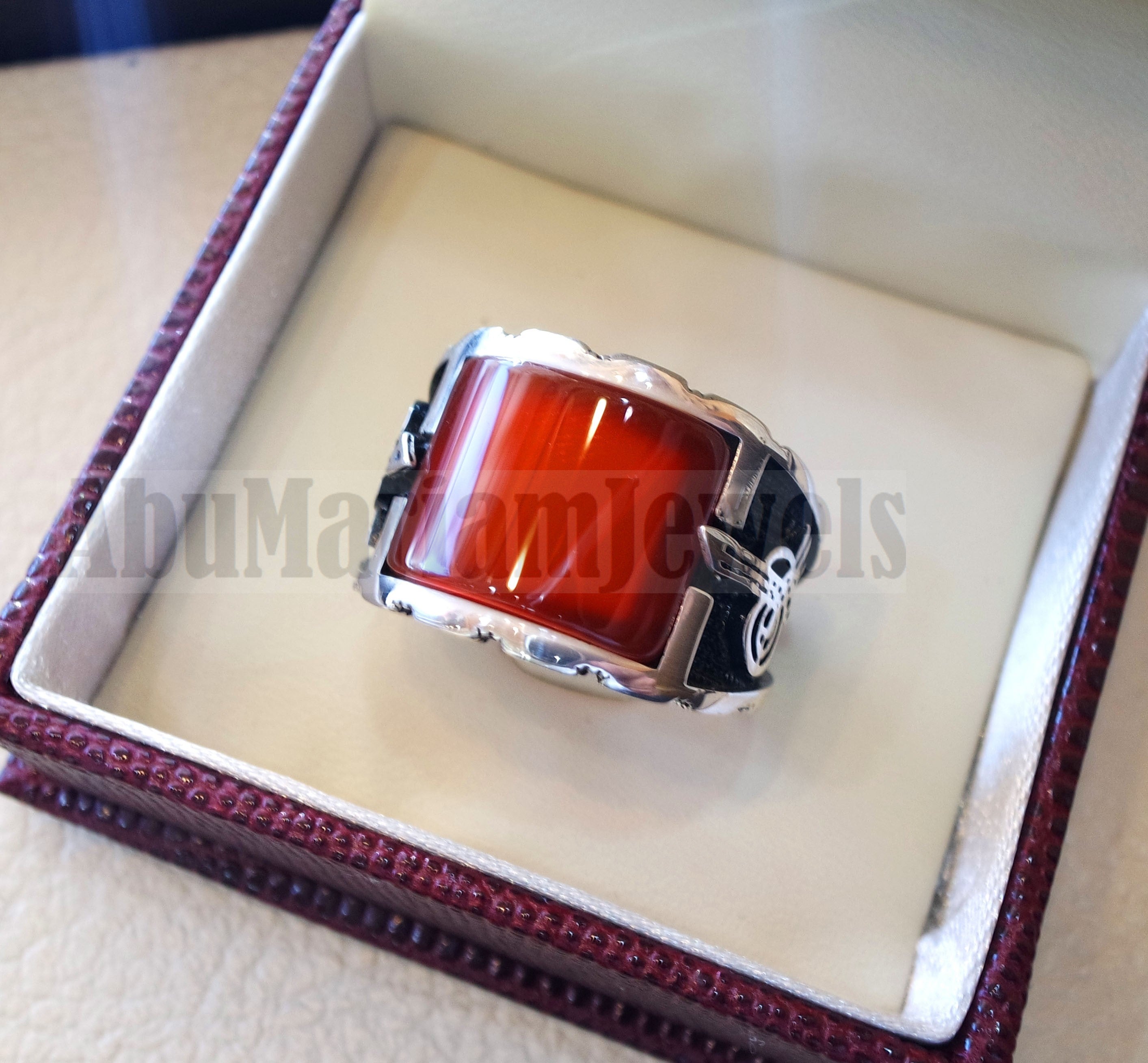 square aqeeq ring red semi precious carnelian natural flat stone sterl Abu Mariam Jewelry