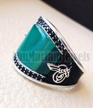 Agate green aqeeq natural flat cushion stone man ring all sizes arabic Ottoman turkey antique style black zircon side setting