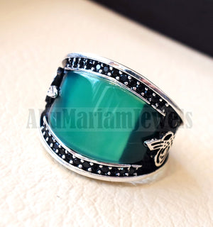 Agate green aqeeq natural flat cushion stone man ring all sizes arabic Ottoman turkey antique style black zircon side setting