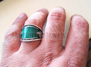 Agate green aqeeq natural flat cushion stone man ring all sizes arabic Ottoman turkey antique style black zircon side setting