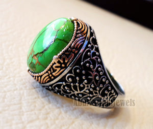 green copper turquoise natural stone men ring sterling silver 925 stunning genuine gem two tone ottoman arabic style jewelry all sizes