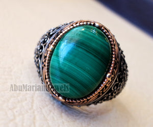 malachite natural green stone sterling silver 925 man ring jewelry bronze frame eastern turkish arabic style oval semi precious cabochon