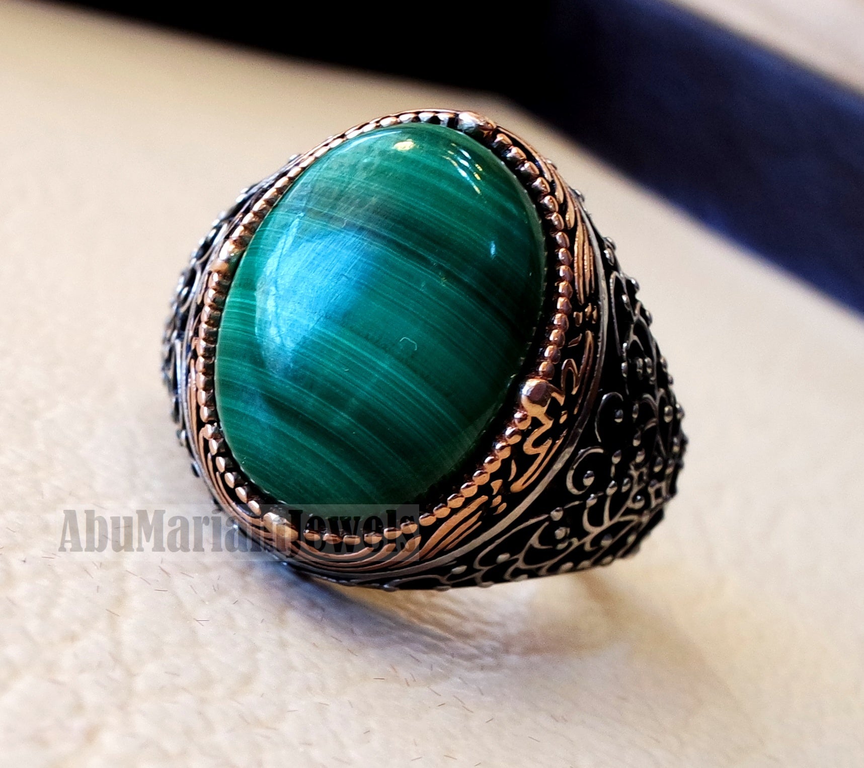 malachite natural green stone sterling silver 925 man ring jewelry bronze frame eastern turkish arabic style oval semi precious cabochon