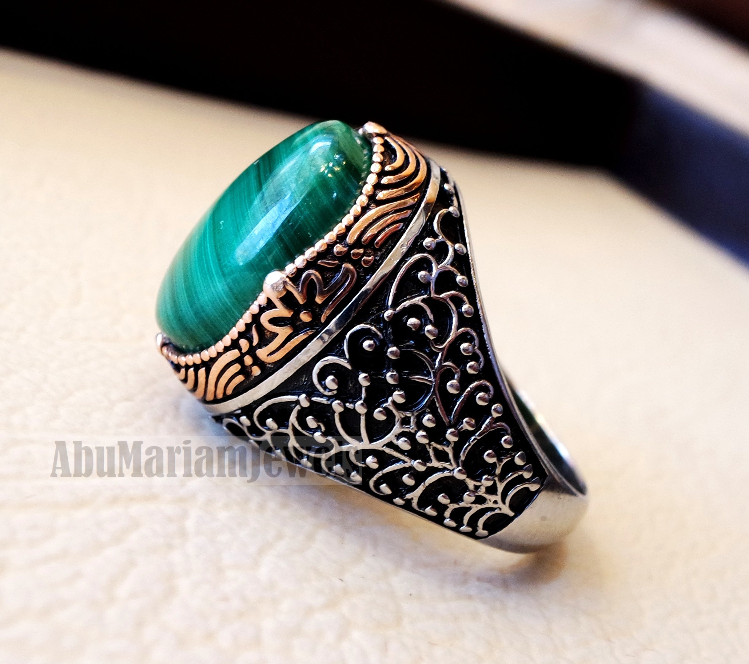 malachite natural green stone sterling silver 925 man ring jewelry bronze frame eastern turkish arabic style oval semi precious cabochon