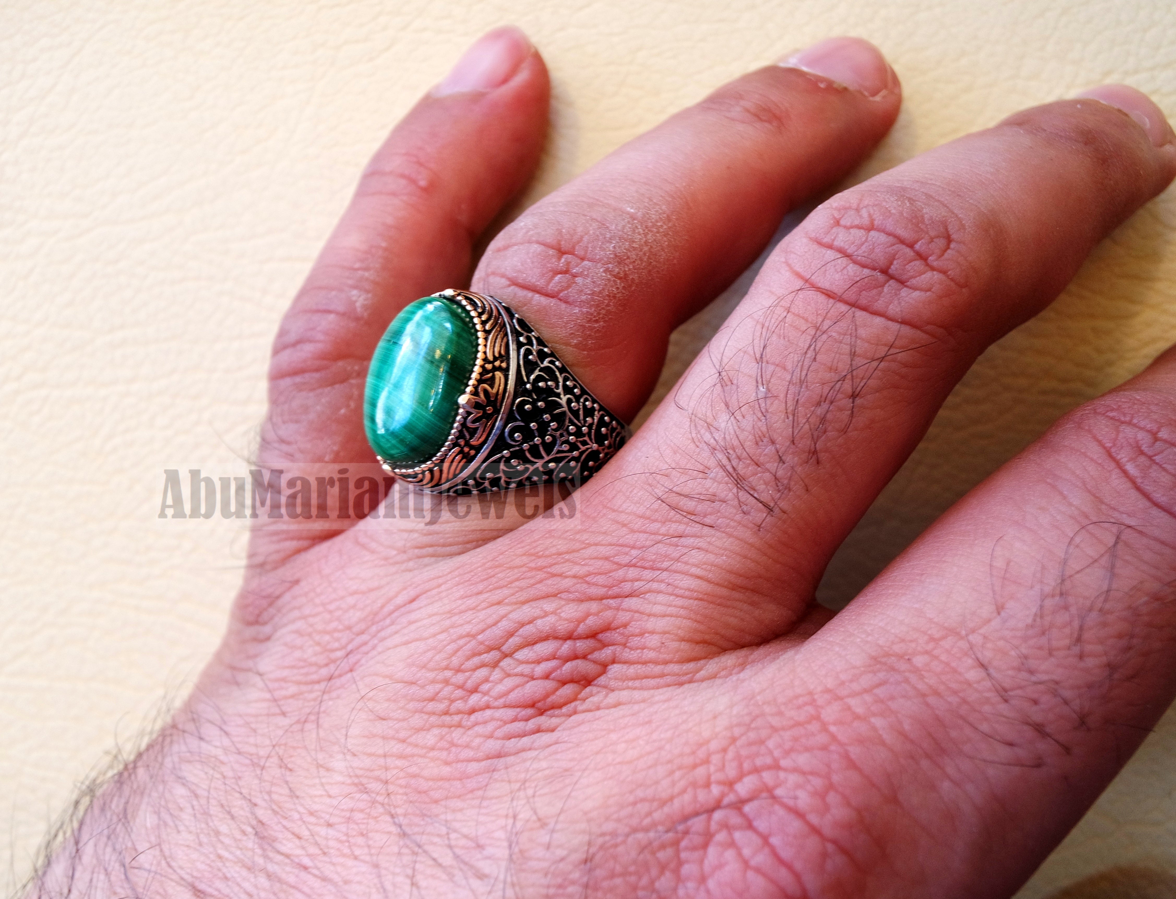 malachite natural green stone sterling silver 925 man ring jewelry bronze frame eastern turkish arabic style oval semi precious cabochon