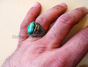 malachite natural green stone sterling silver 925 man ring jewelry bronze frame eastern turkish arabic style oval semi precious cabochon