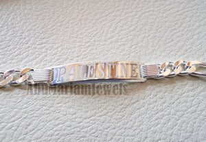 Men silver bracelet Palestine laser engraving or any personalized name sterling silver 925 man gift with nice box , chain and plate style