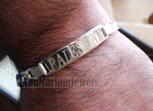 Men silver bracelet Palestine laser engraving or any personalized name sterling silver 925 man gift with nice box , chain and plate style