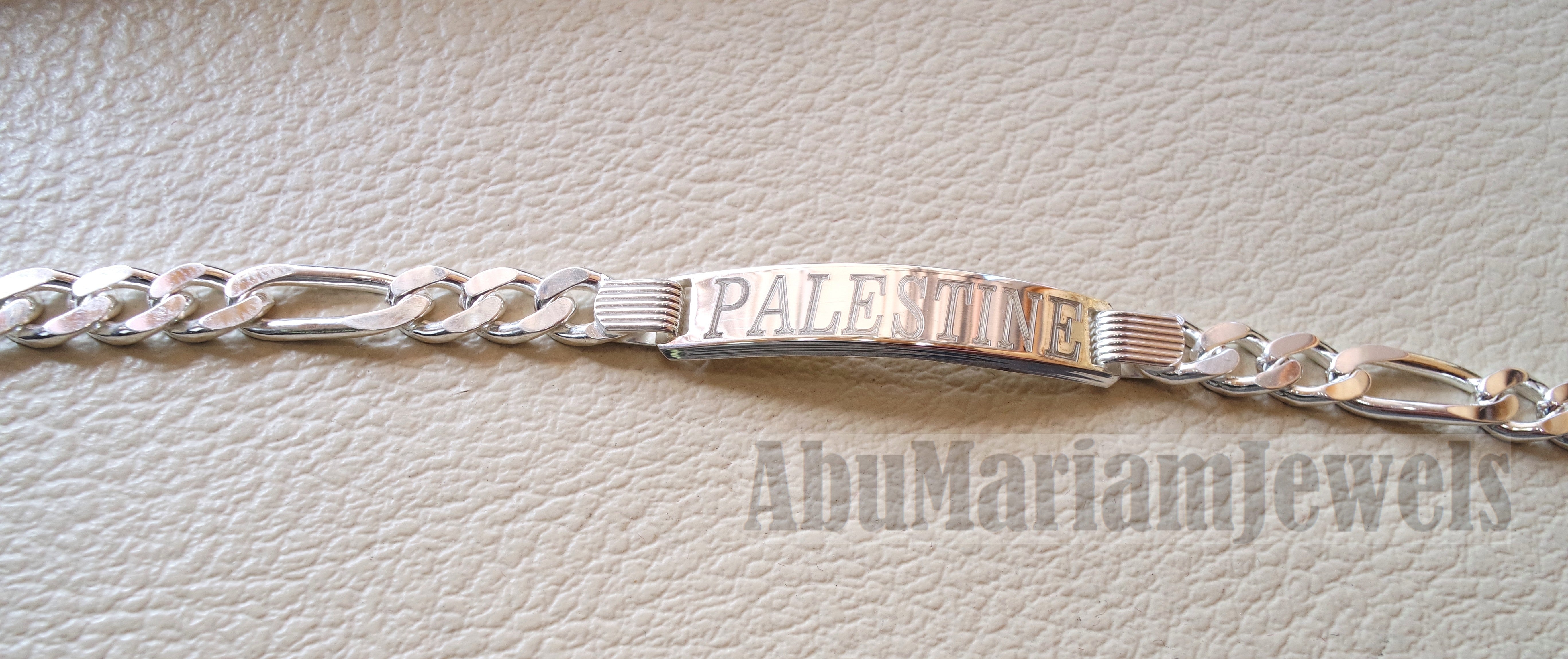 Men silver bracelet Palestine laser engraving or any personalized name sterling silver 925 man gift with nice box , chain and plate style