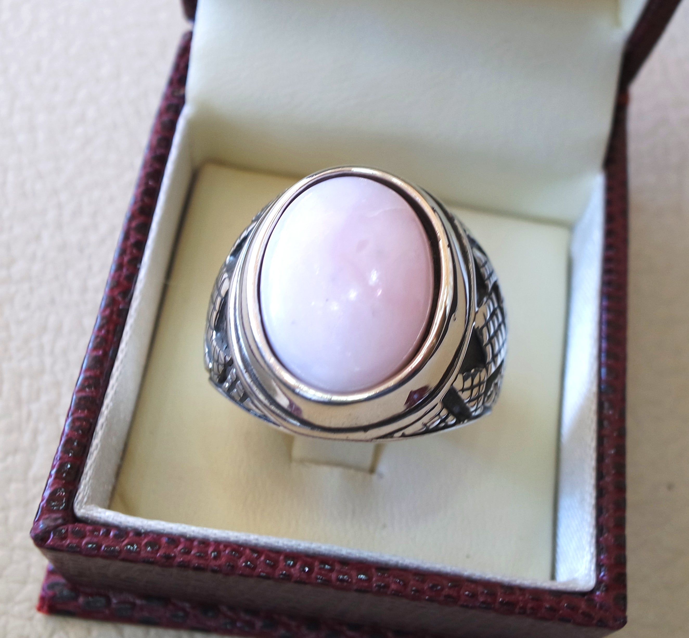 Pink Opal Naturstein Herrenring Sterling Silber 925 atemberaubende echte gem Ottoman arabische Stil Schmuck alle Größen