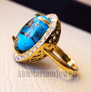 Women 18K gold naural copper turquoise ladies ring cabochon oval stone all sizes jewelry classic style white cubic zircon around