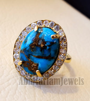 Women 18K gold naural copper turquoise ladies ring cabochon oval stone all sizes jewelry classic style white cubic zircon around