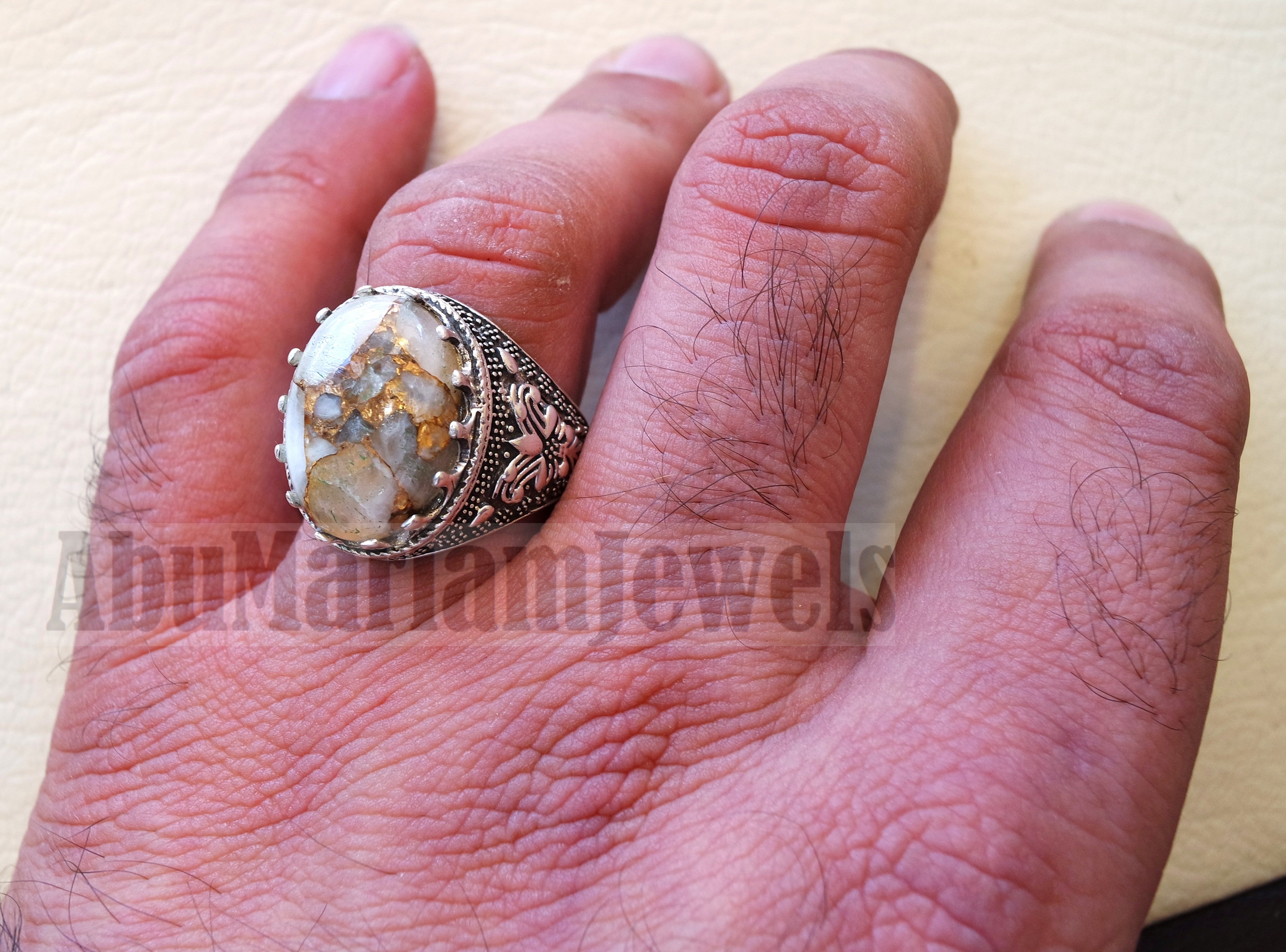 Orange copper Calcite man ring natural stone sterling silver 925 oval cabochon semi precious gem ottoman arabic style all sizes jewelry