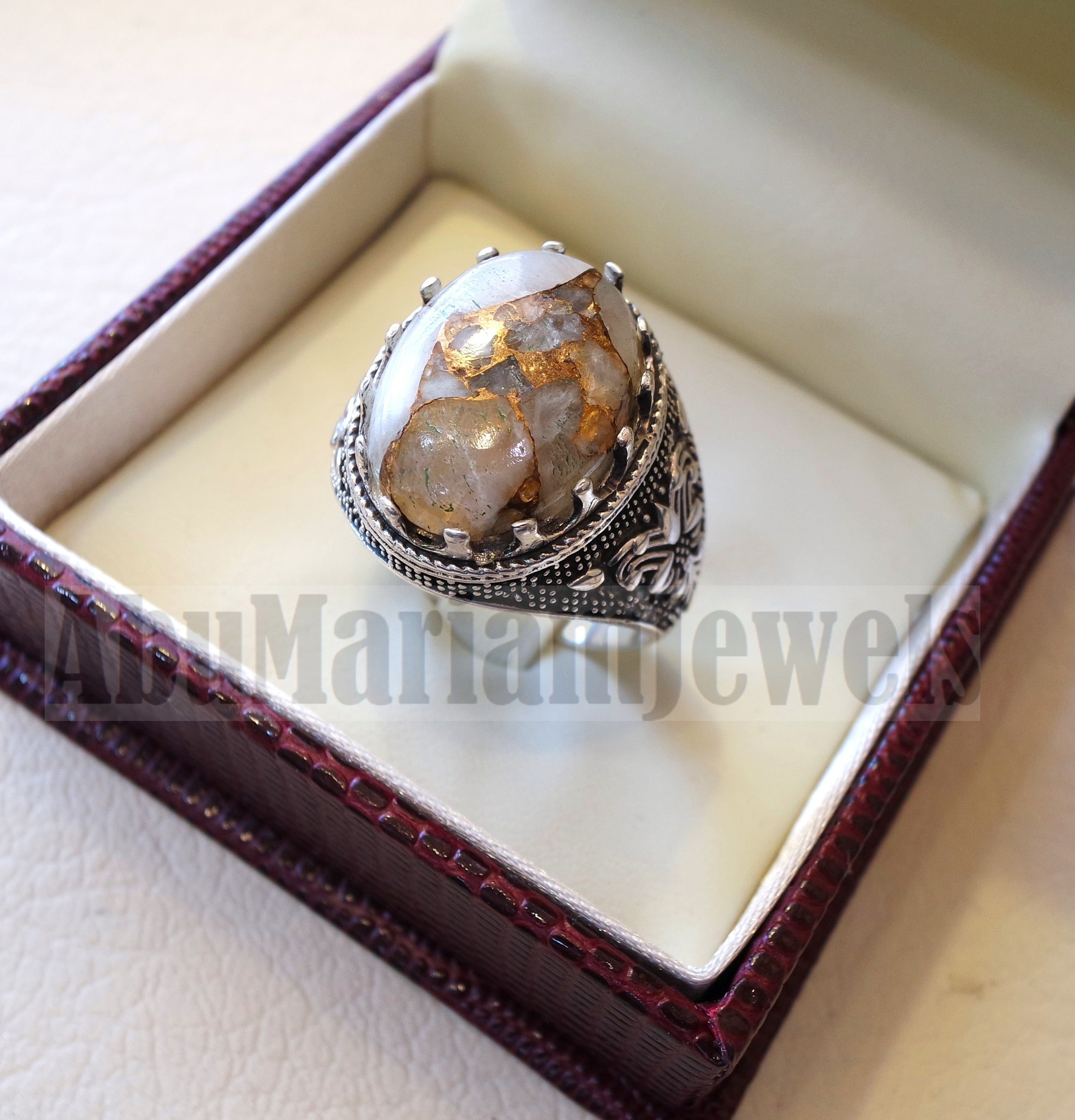 Orange copper Calcite man ring natural stone sterling silver 925 oval cabochon semi precious gem ottoman arabic style all sizes jewelry