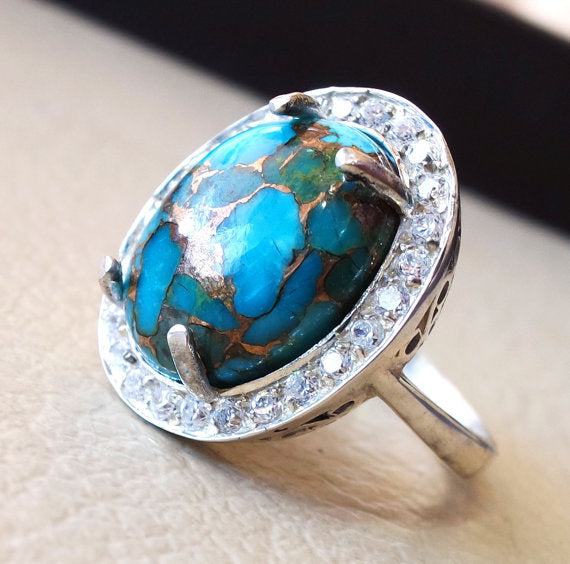 women ring copper blue turquoise entourage white cubic zircon pave setting sterling silver 925 all sizes natural oval cabochon stone فيروز