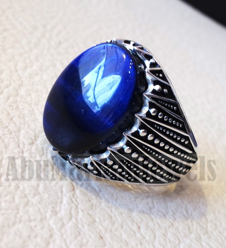 Atemberaubende Tiger Eye Blue Stone Männer Ring Sterling Silber 925 und Schmuck Handmade Arabisch Türkei Ottoman Stil jede Größe