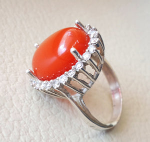 carnelian red aqeeq agate ladies ring red cabochon oval stone all sizes jewelry classic style sterling silver 925 white cubic zircon around