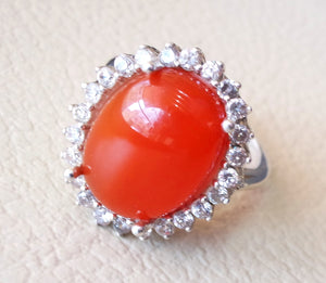 carnelian red aqeeq agate ladies ring red cabochon oval stone all sizes jewelry classic style sterling silver 925 white cubic zircon around