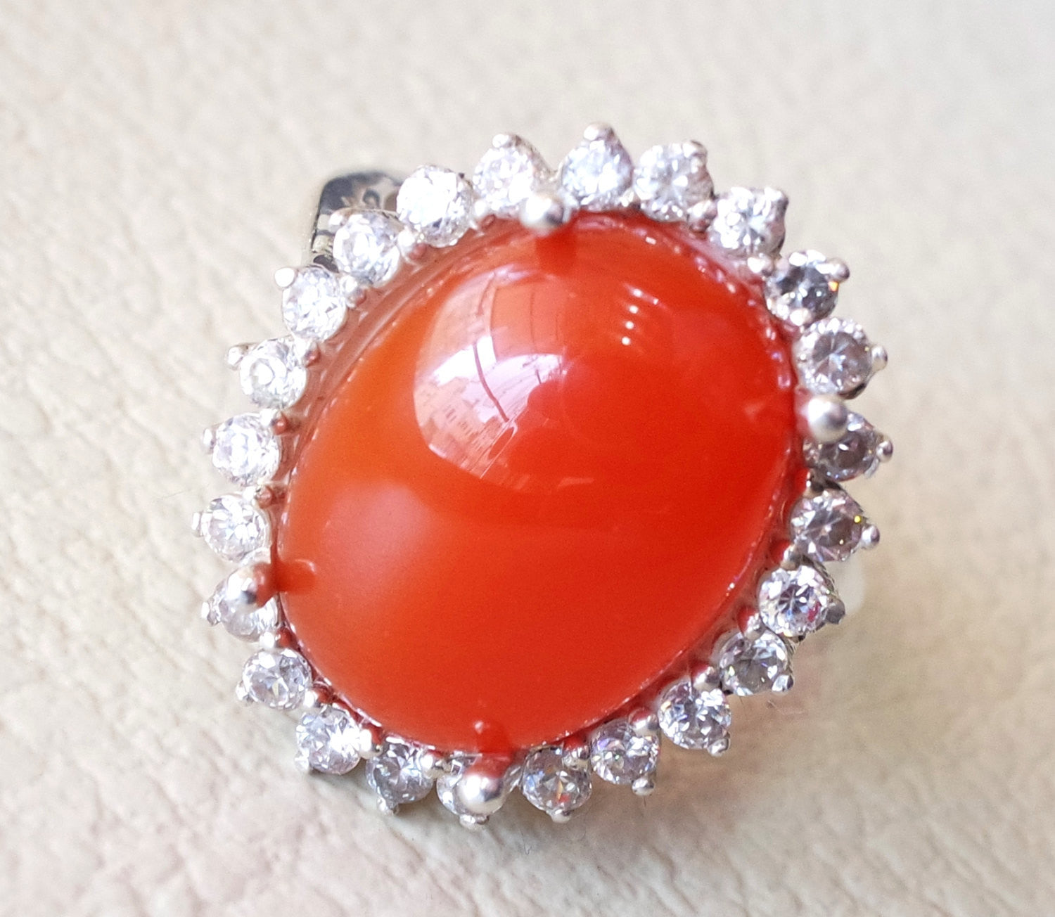 carnelian red aqeeq agate ladies ring red cabochon oval stone all sizes jewelry classic style sterling silver 925 white cubic zircon around