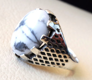 white turquoise howalite  natural agate oval cabochon stone men ring sterling silver 925 all sizes antique ottoman jewelry fast shipping