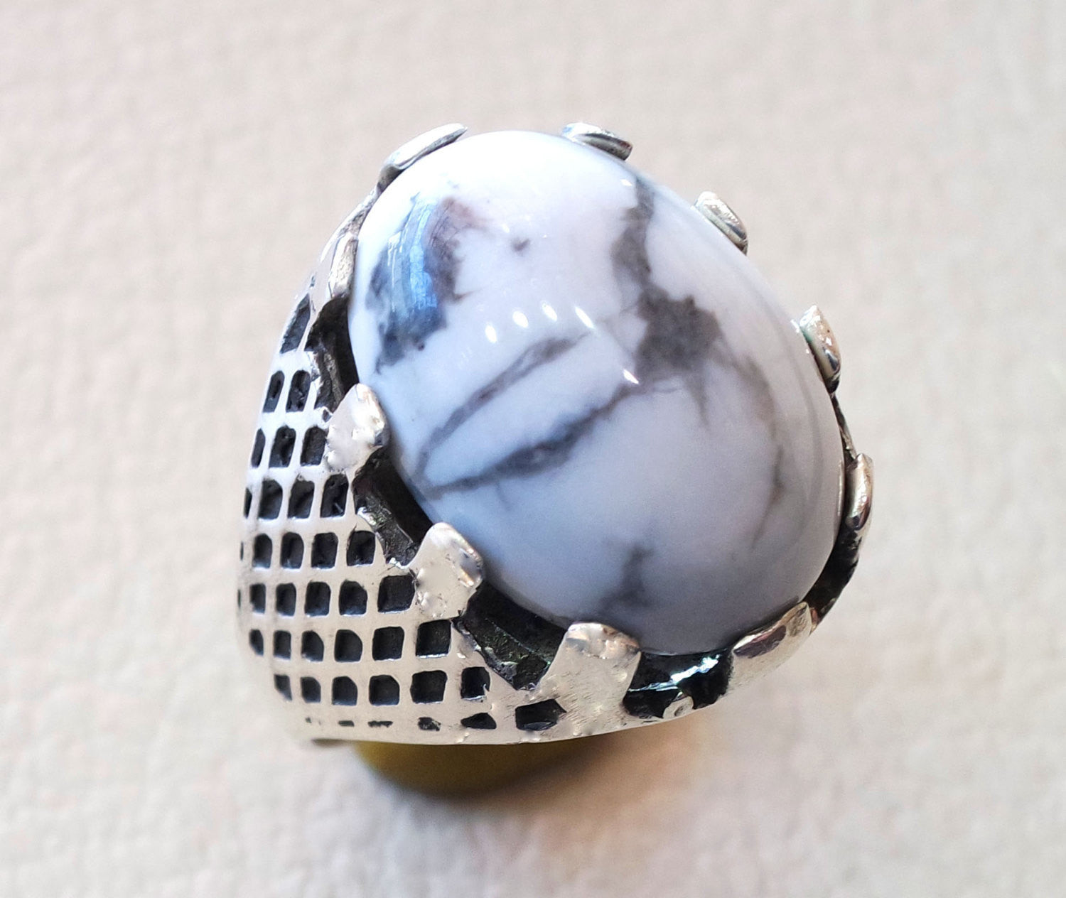 white turquoise howalite  natural agate oval cabochon stone men ring sterling silver 925 all sizes antique ottoman jewelry fast shipping