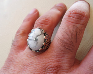 white turquoise howalite  natural agate oval cabochon stone men ring sterling silver 925 all sizes antique ottoman jewelry fast shipping