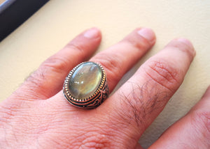 Labradorite natural stone green grey semi precious stone heavy man ring sterling silver 925 bronze frame any sizes jewelry fast shipping