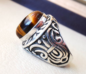 Auge Blickwinkel Tiger Auge Katze Natur natürlich Cabochon semi kostbar Oval Steine Ottomane Arabisch Stil Two Tone Sterling Silber 925