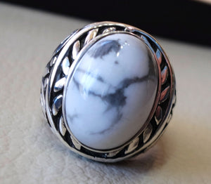 white turquoise howalite  natural agate oval cabochon stone big men ring sterling silver 925 all sizes antique ottoman jewelry fast shipping