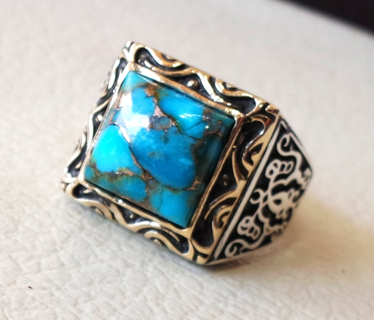 square natural copper turquoise high quality blue stone heavy sterling silver 925 man ring bronze frame any size ottoman style jewelry