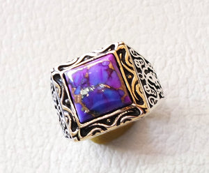 square natural copper turquoise high quality purple stone heavy sterling silver 925 man ring bronze frame any size ottoman style jewelry