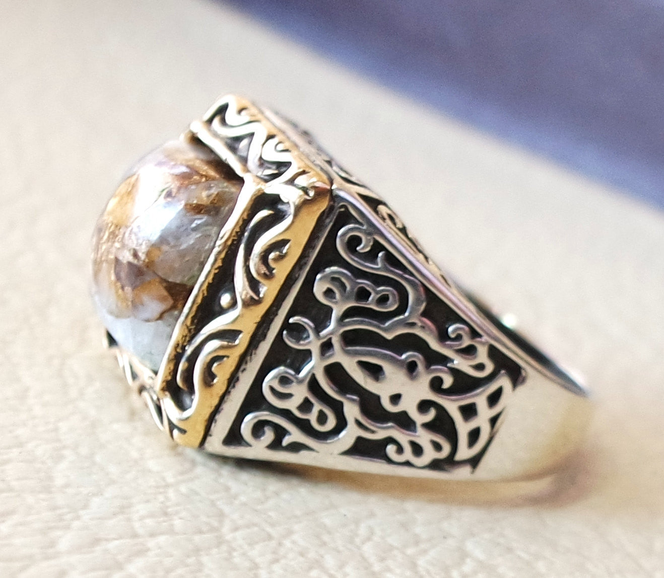 quadratisch Natur Kupfer Kalkstein hochwertig White Stone Heavy Sterling Silber 925 Mann Ring Bronze Rahmen jede Größe Ottoman Stil Schmuck